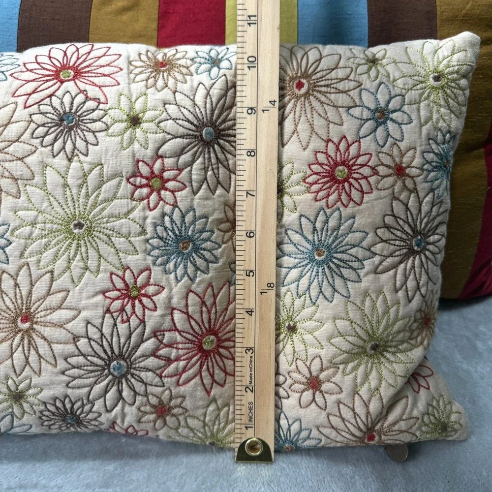 Pier 1 Embroidered Floral Lumbar Throw Pillows Set of 2 Striped Reversible Retro